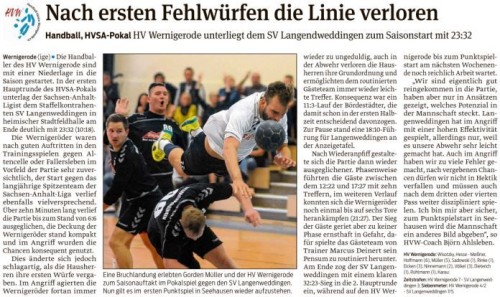 Die Volksstimme berichtet vom Pokalaus der 1. Mannschaft
